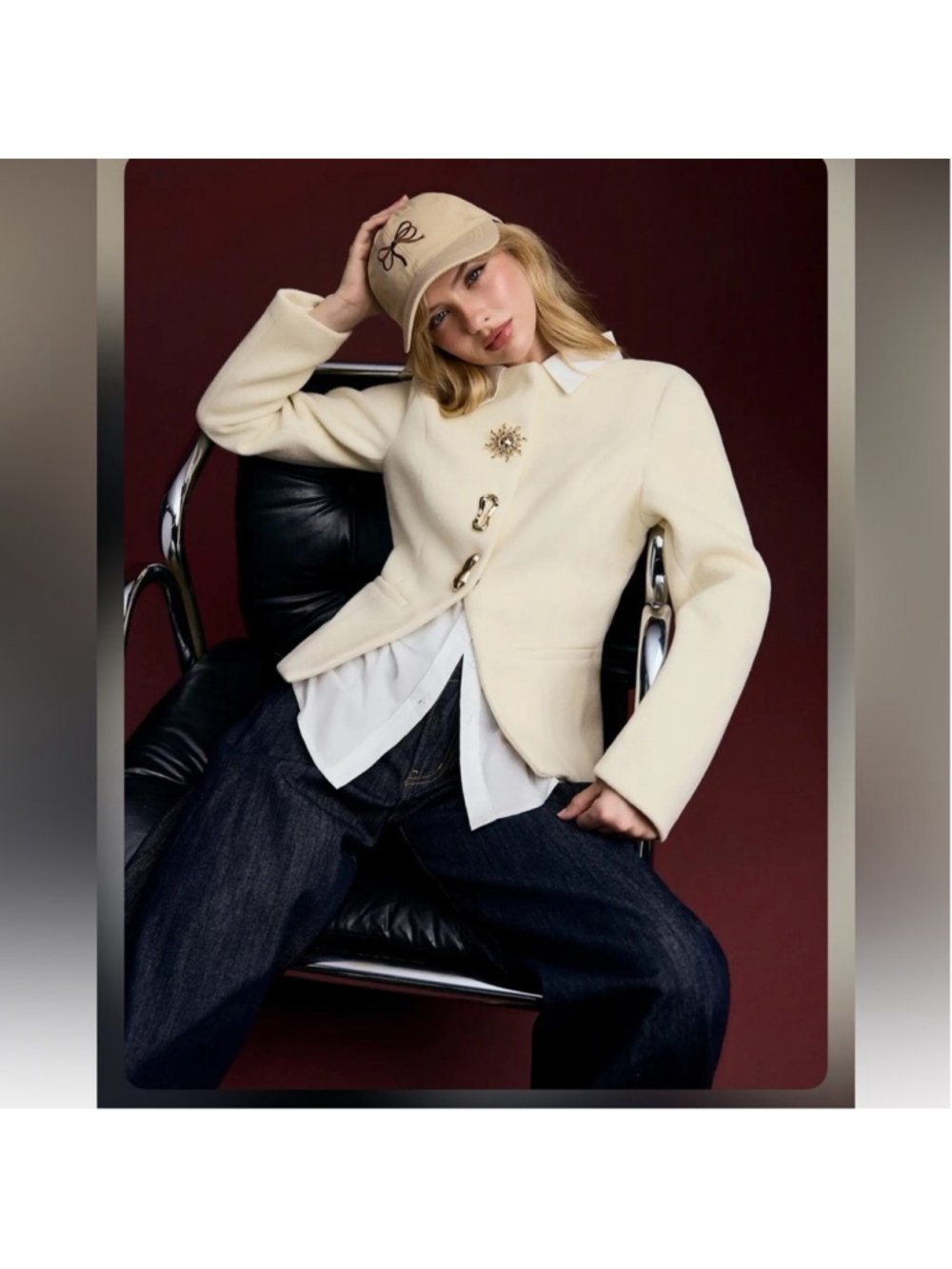 Cider WOOL-LOOK ROUND NECKLINE METAL BUTTON SPLIT HEM JACKET CN1-3